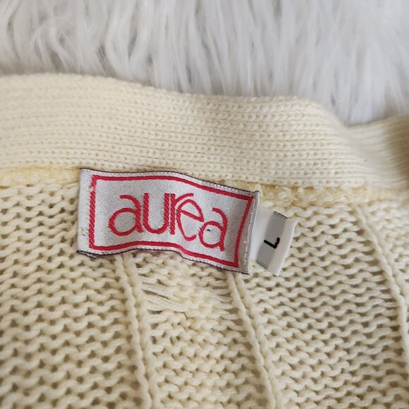 Vintage Women's L Granny Cable Knit Cardigan Sweater Yellow Cottagecore Oversize - Picture 2 of 14